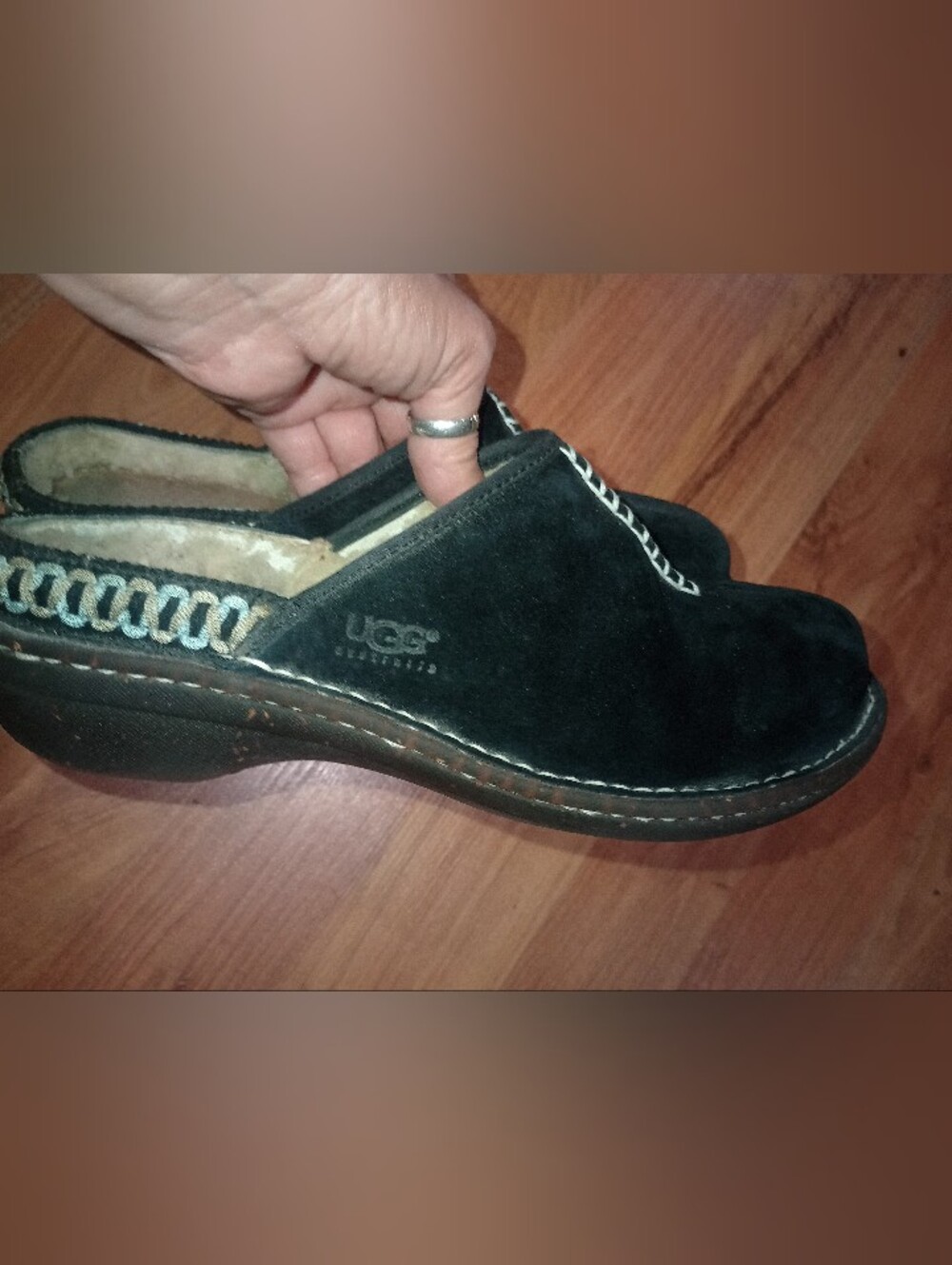 UGG Black Suede Slip-On Mule with Contrast Stitching
